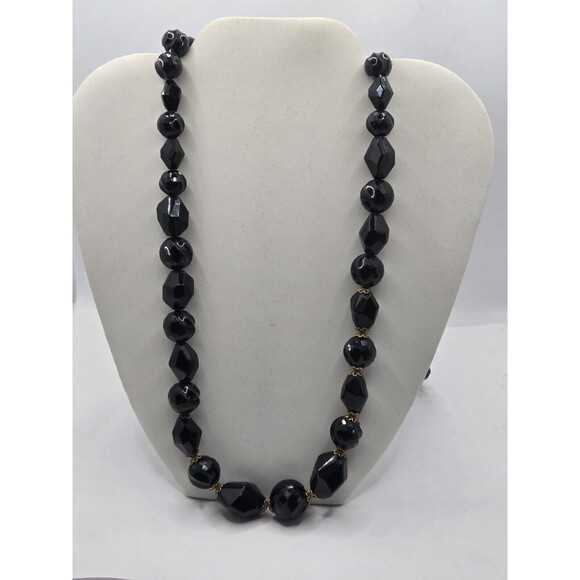 VINTAGE 1950'S WEST GERMANY BLACK FACETED BEAD 34" NECKLACE - Picture 1 of 7